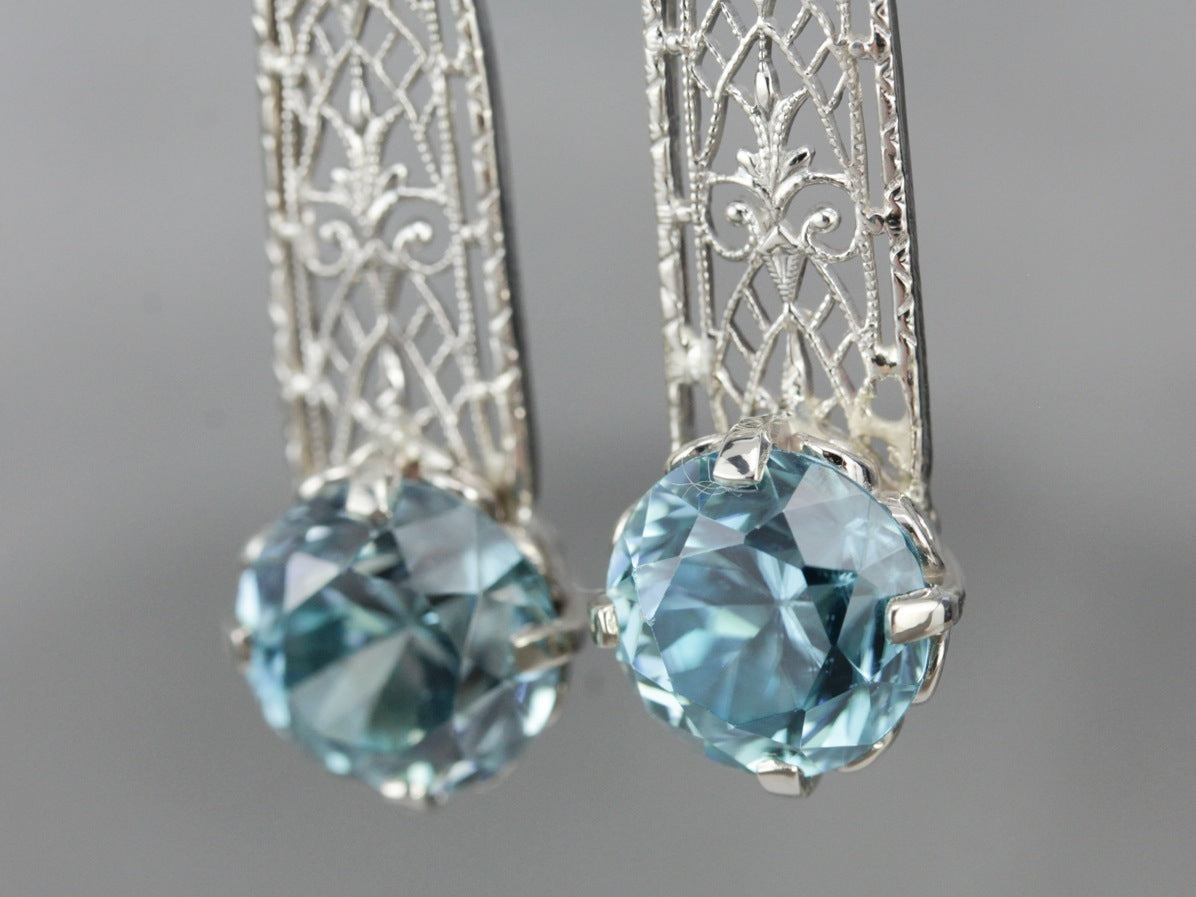Blue Zircon Filigree Drop Earrings in White Gold with Leverbacks
