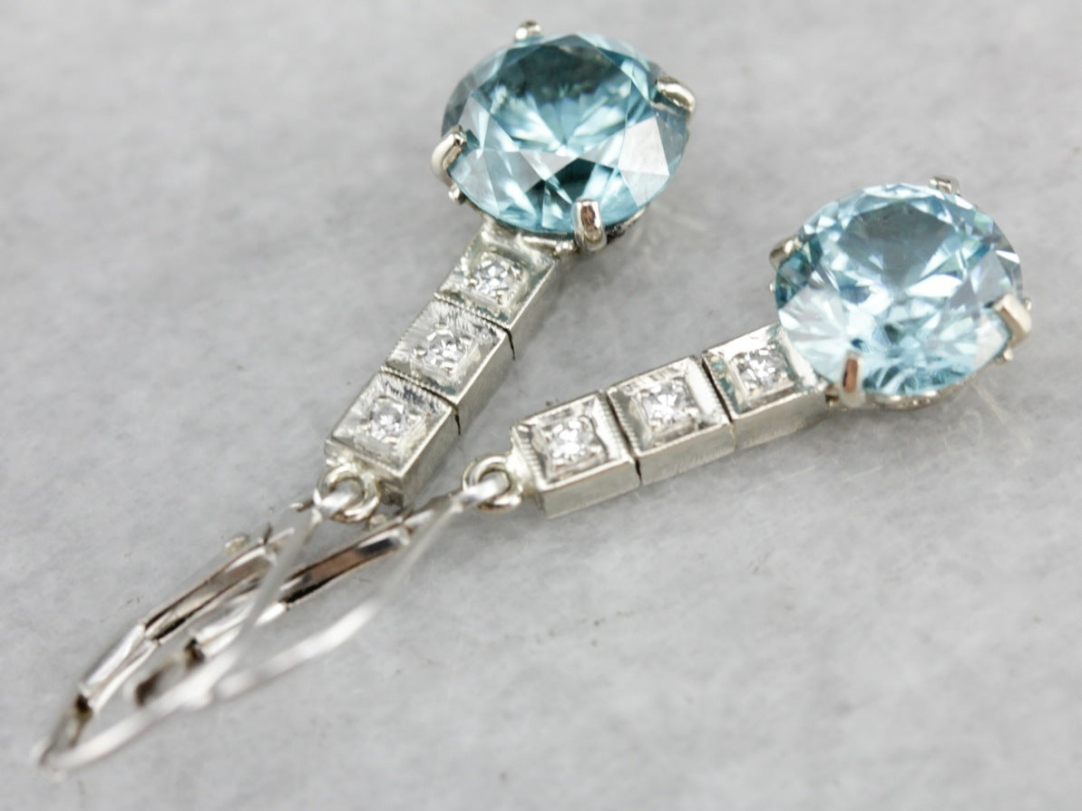 Blue Zircon and Diamond Drop Earrings
