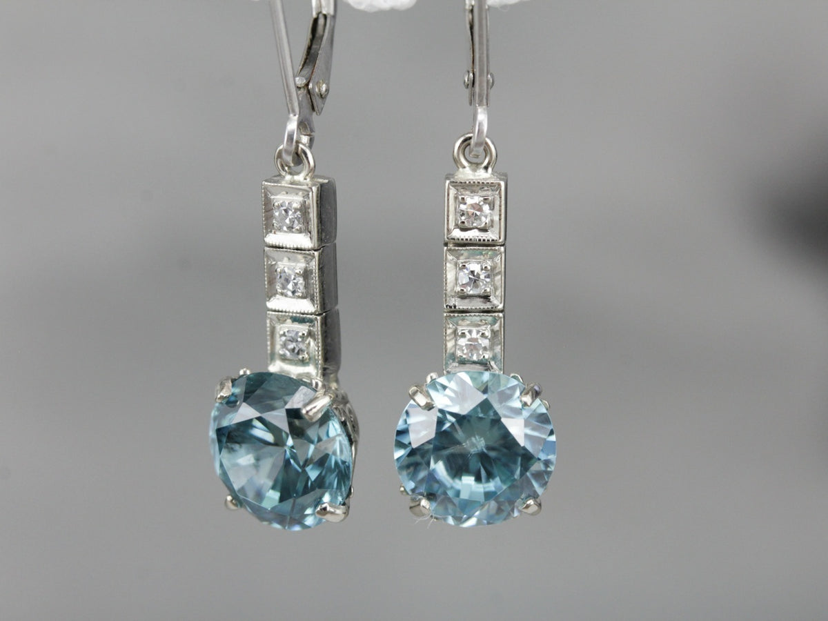 Blue Zircon and Diamond Drop Earrings