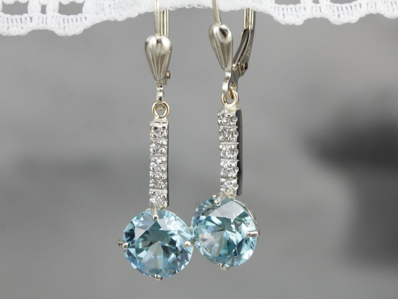 Blue Zircon Drop Earrings with Diamond Accents