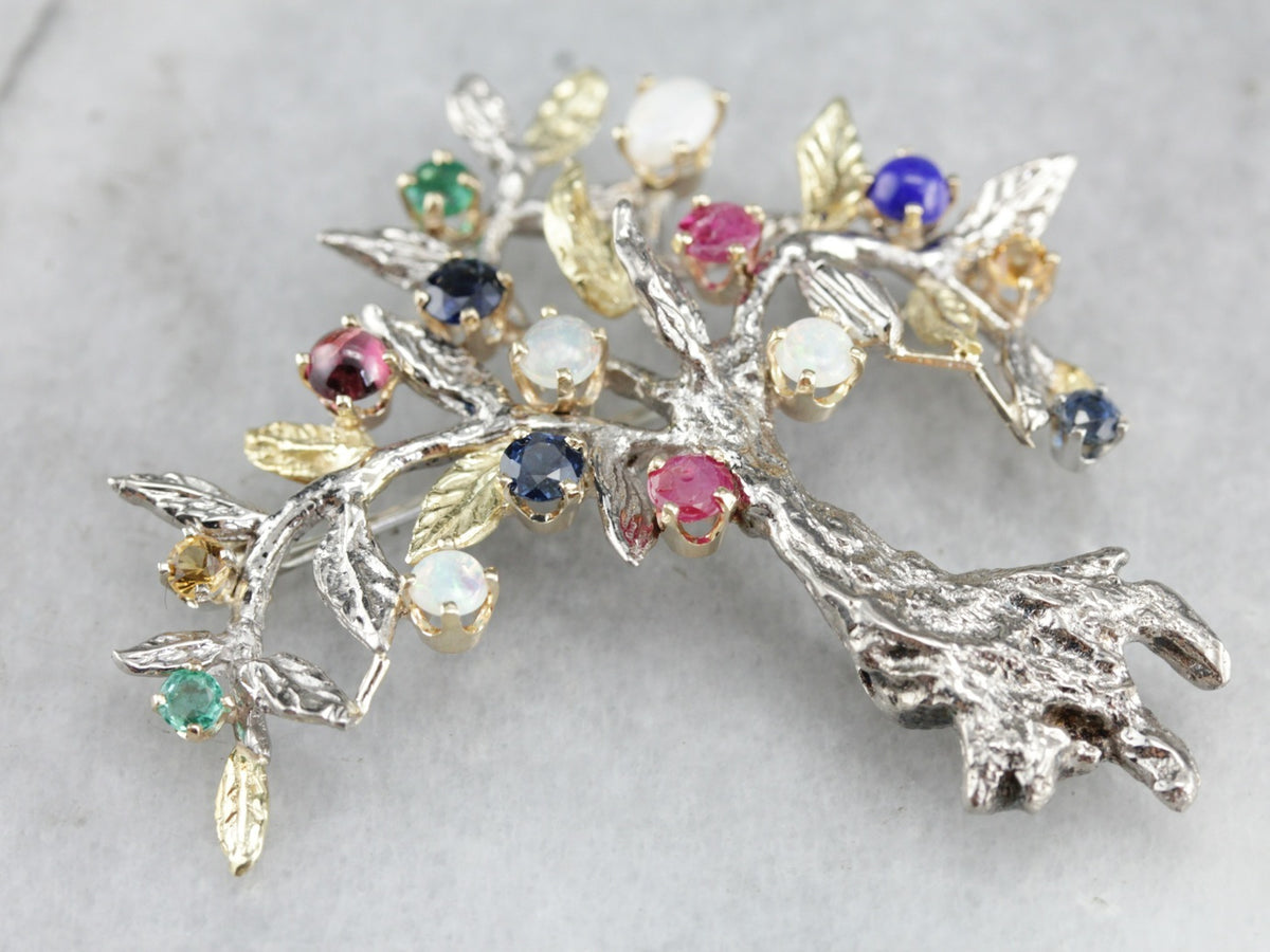 Pin de árbol de piedras preciosas múltiples de oro vintage