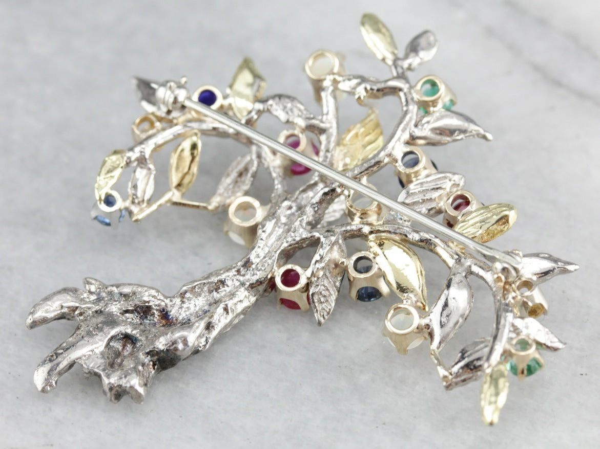 Pin de árbol de piedras preciosas múltiples de oro vintage