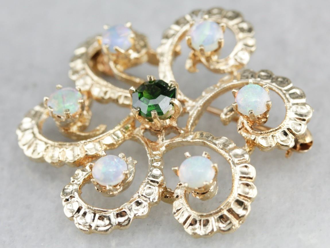 Vintage Demantoid Garnet and Opal Brooch