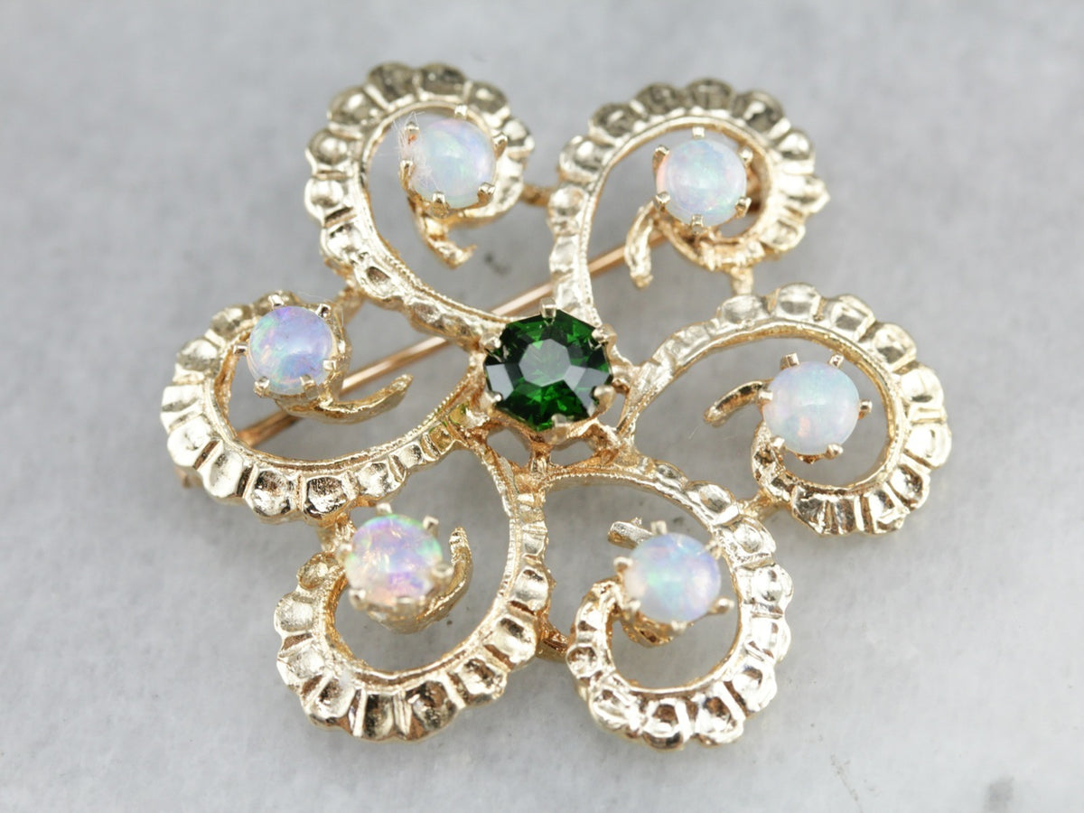 Vintage Demantoid Garnet and Opal Brooch