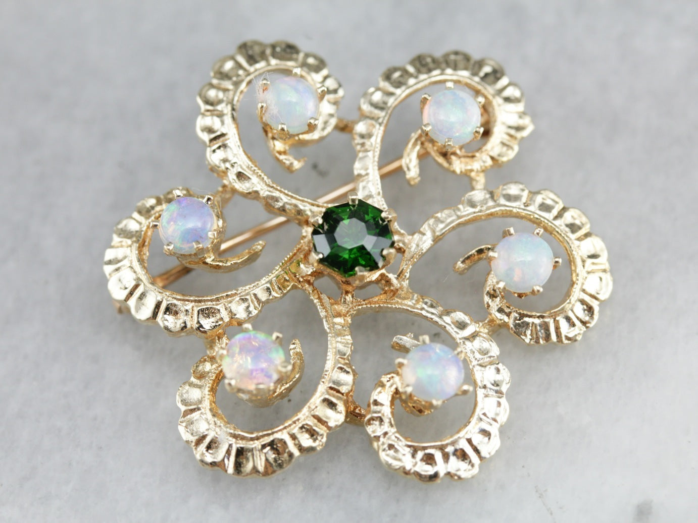 Vintage Demantoid Garnet and Opal Brooch