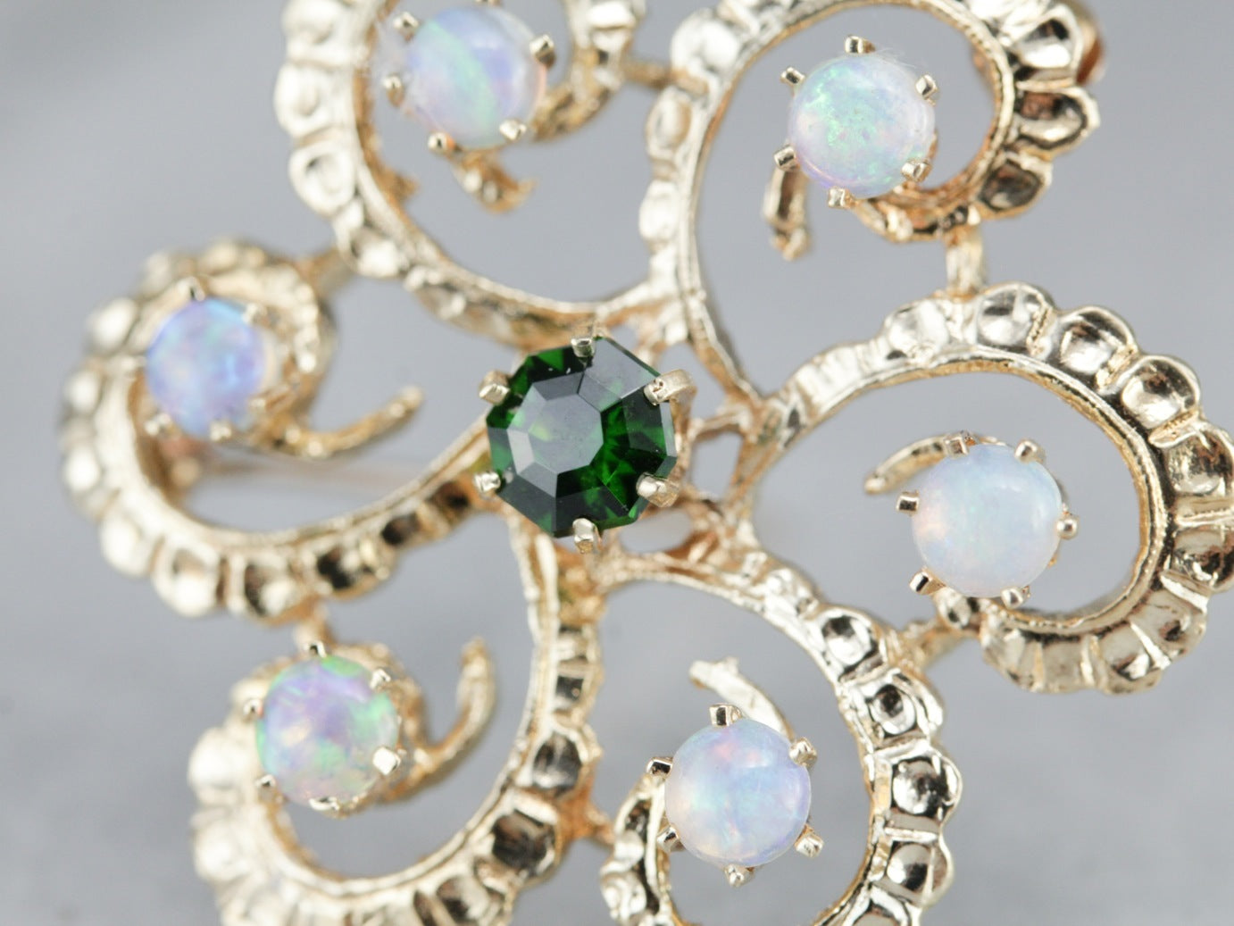 Vintage Demantoid Garnet and Opal Brooch