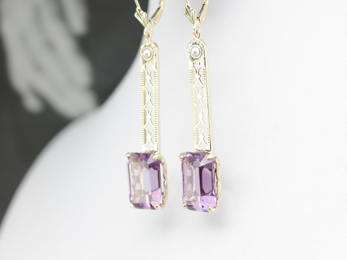 Amethyst and Pearl Filigree Drop Earrings