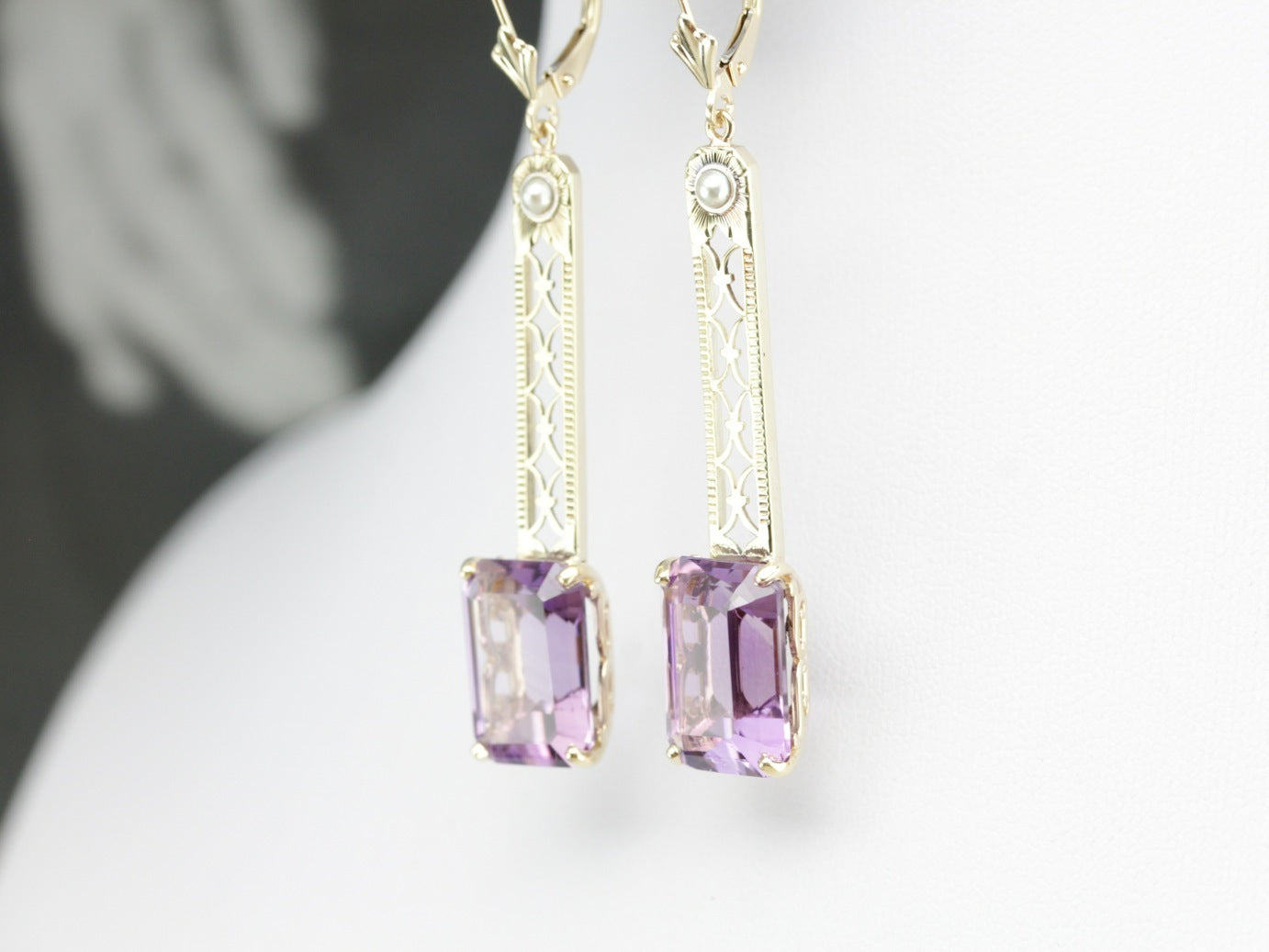 Amethyst and Pearl Filigree Drop Earrings