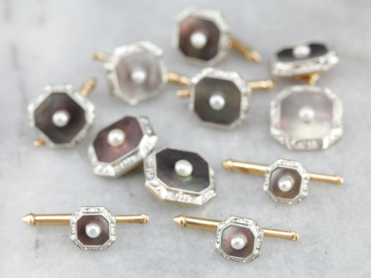 Art Deco Abalone Shell and Pearl Suit Accessory Set