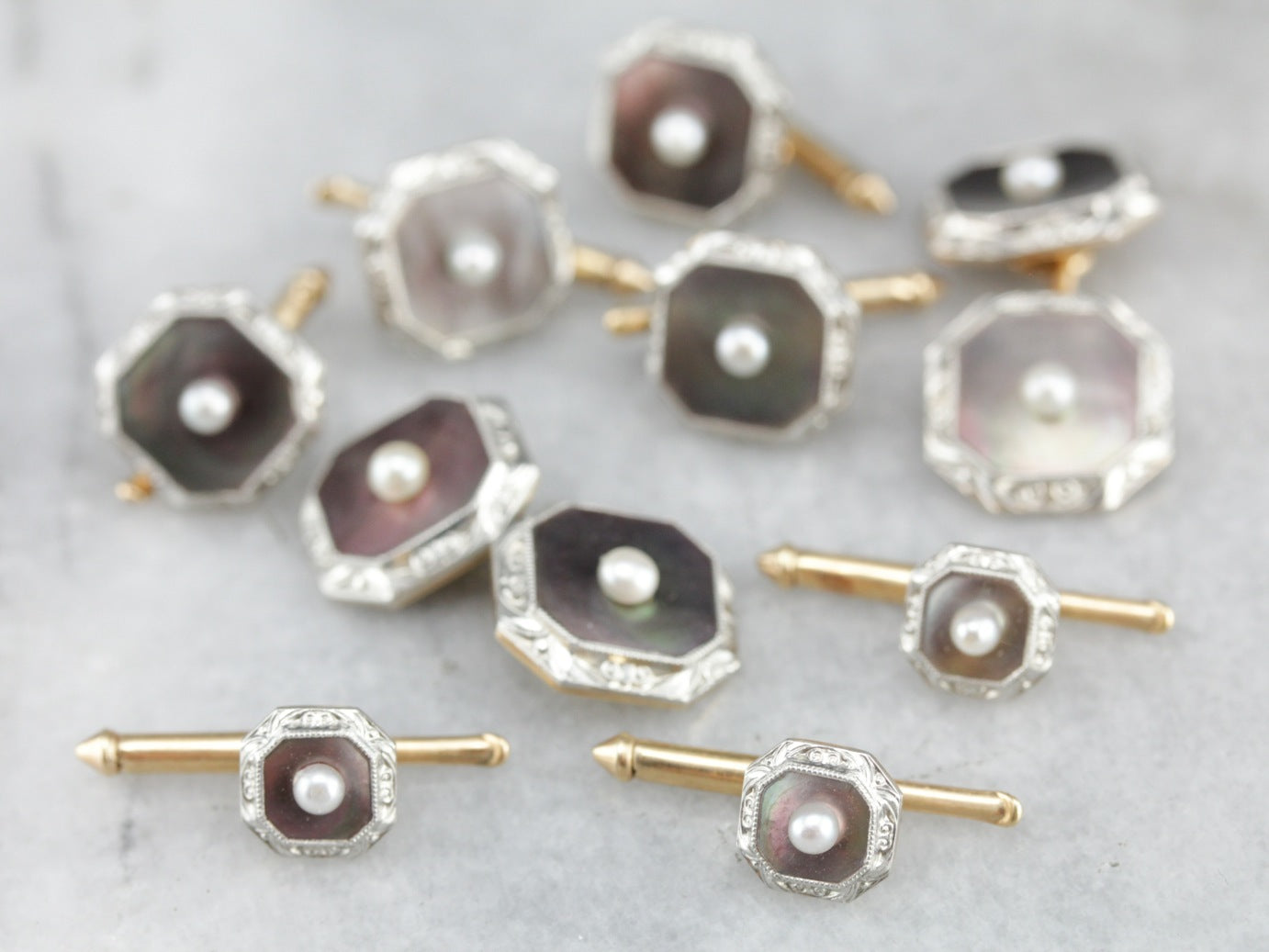 Art Deco Abalone Shell and Pearl Suit Accessory Set