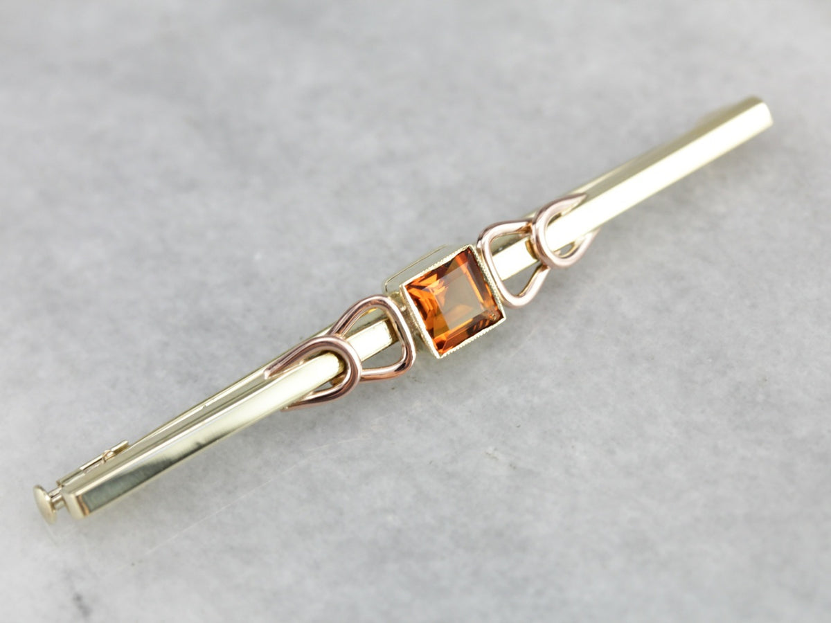 Retro Orange Citrine Two Tone Gold Bar Pin