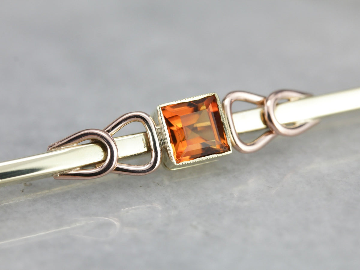 Retro Orange Citrine Two Tone Gold Bar Pin