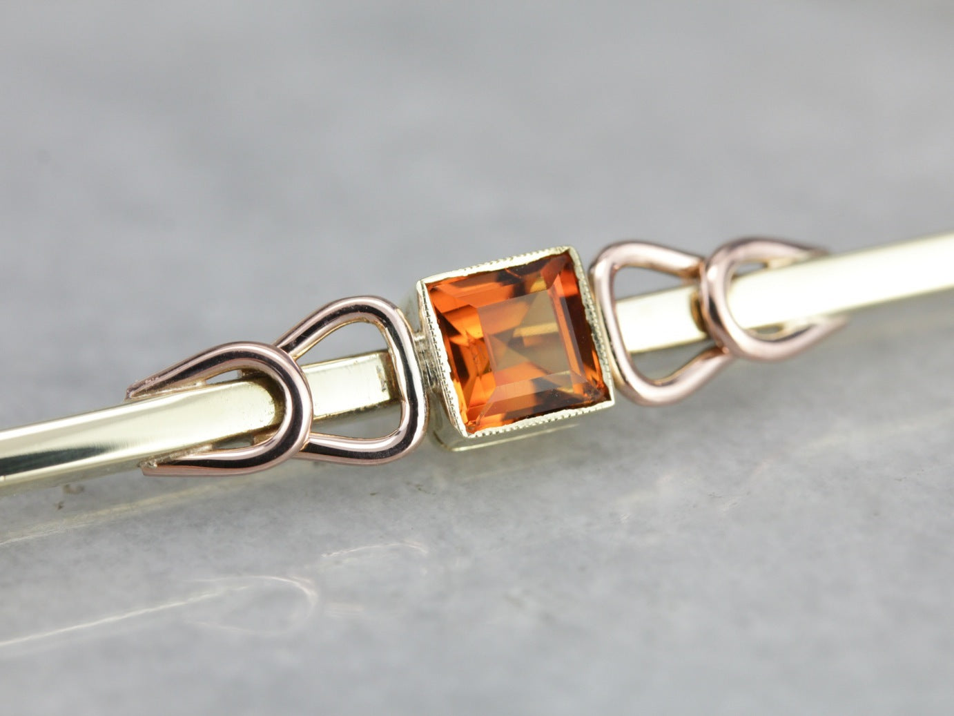 Retro Orange Citrine Two Tone Gold Bar Pin