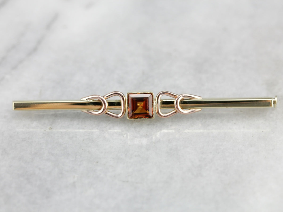 Retro Orange Citrine Two Tone Gold Bar Pin