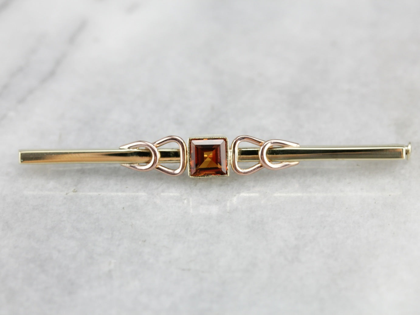 Retro Orange Citrine Two Tone Gold Bar Pin