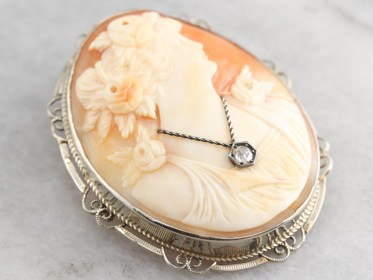 Art Deco Rose Cut Diamond Cameo Pin or Pendant