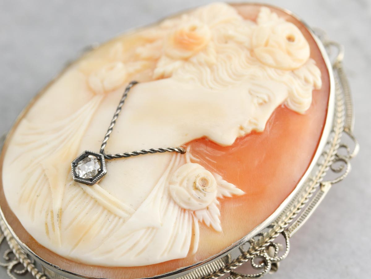 Art Deco Rose Cut Diamond Cameo Pin or Pendant