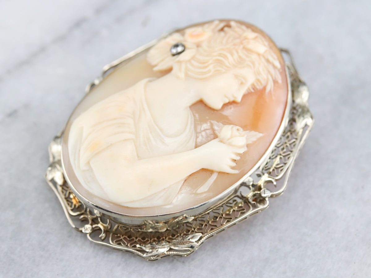 Art Deco Girl with Diamond Rose Cameo Brooch