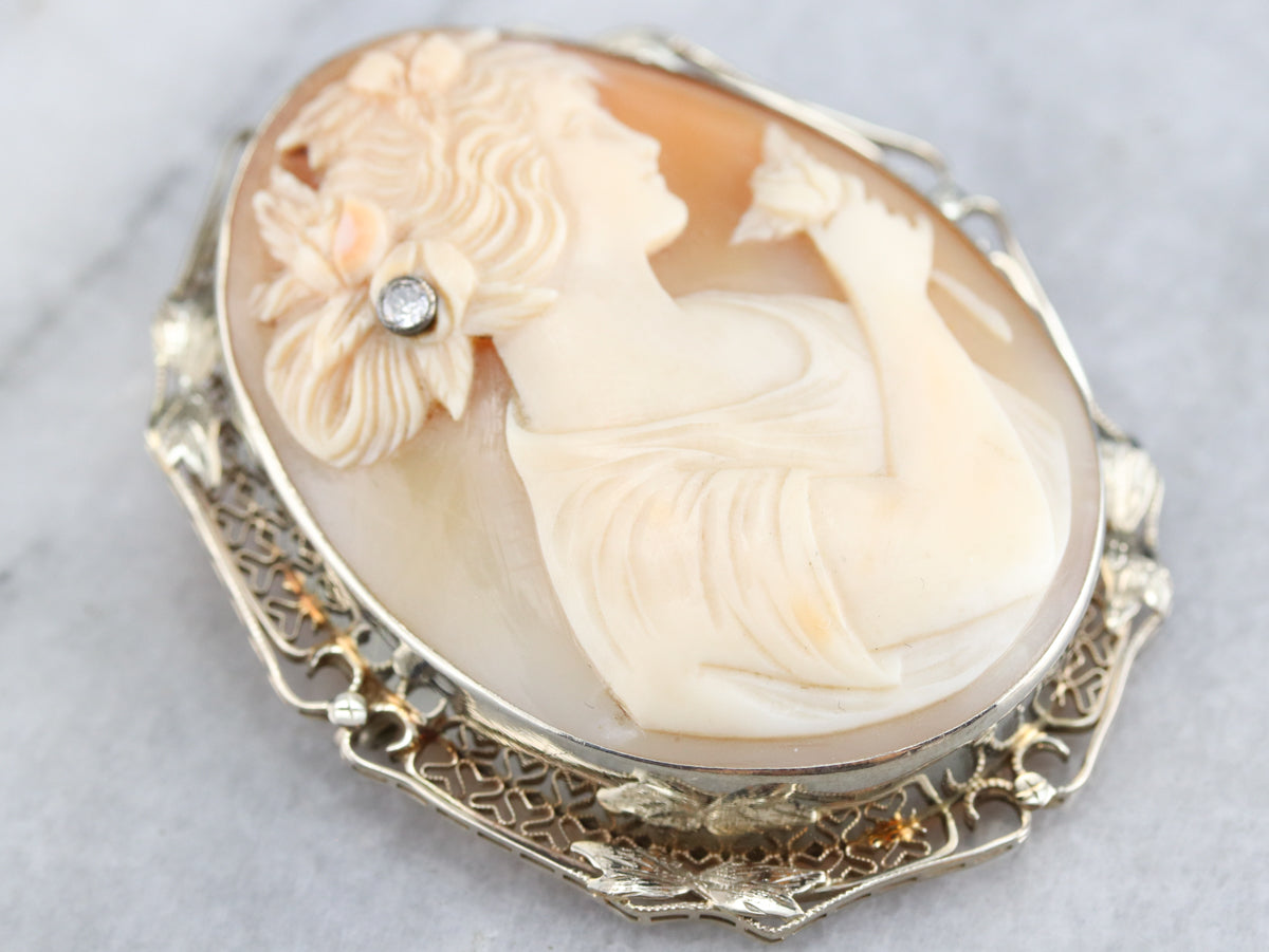 Art Deco Girl with Diamond Rose Cameo Brooch