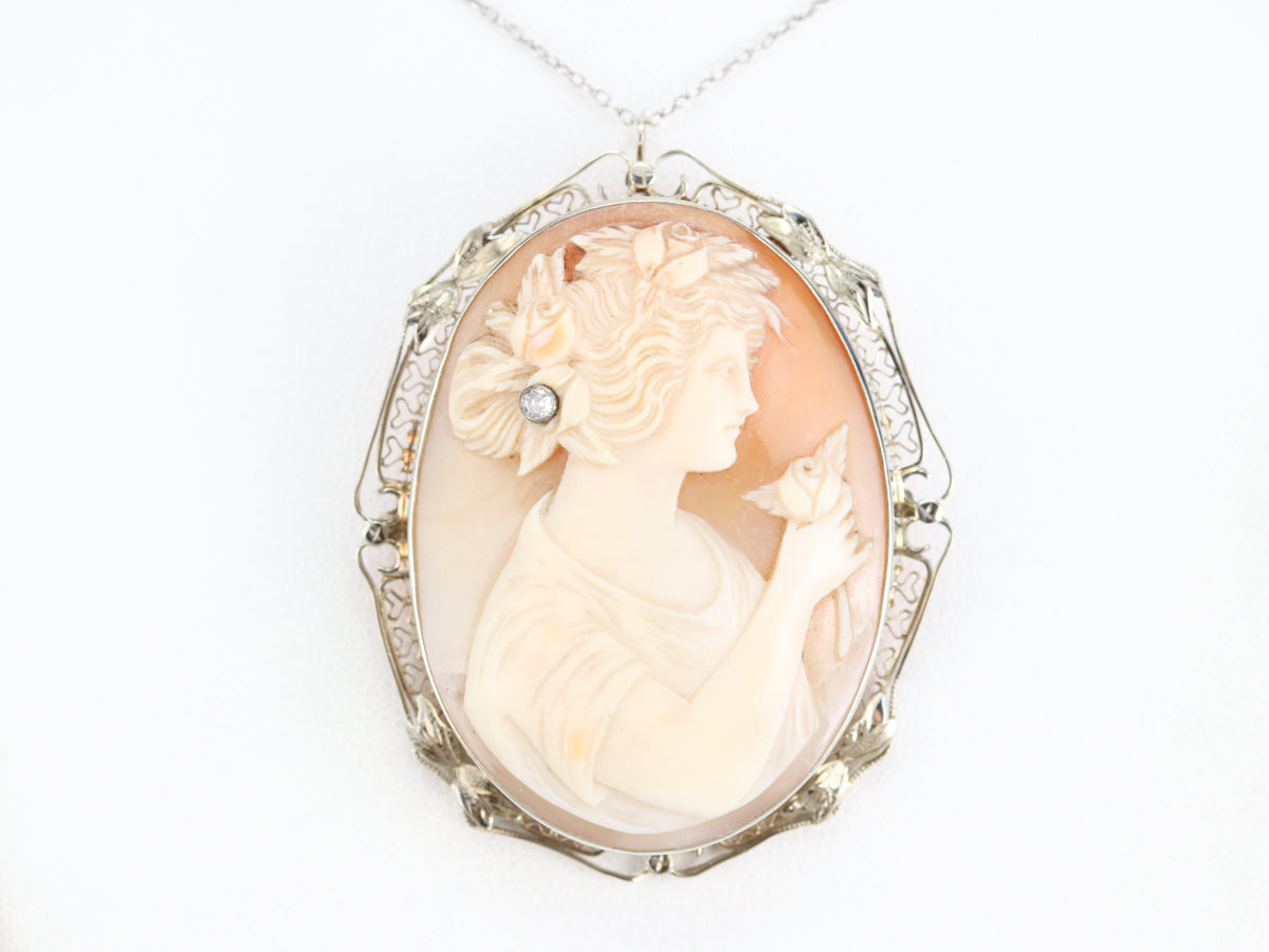 Art Deco Girl with Diamond Rose Cameo Brooch