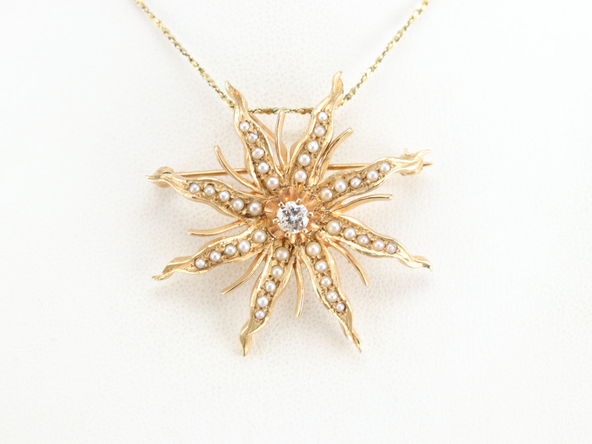 Victorian Diamond Pearl Starburst Brooch