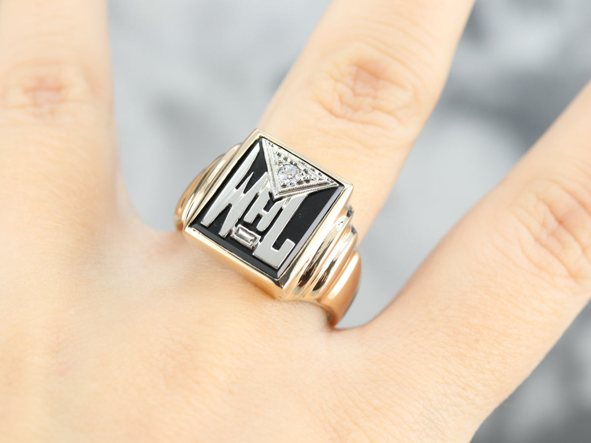 Anillo con sello vintage de ónix negro y diamantes