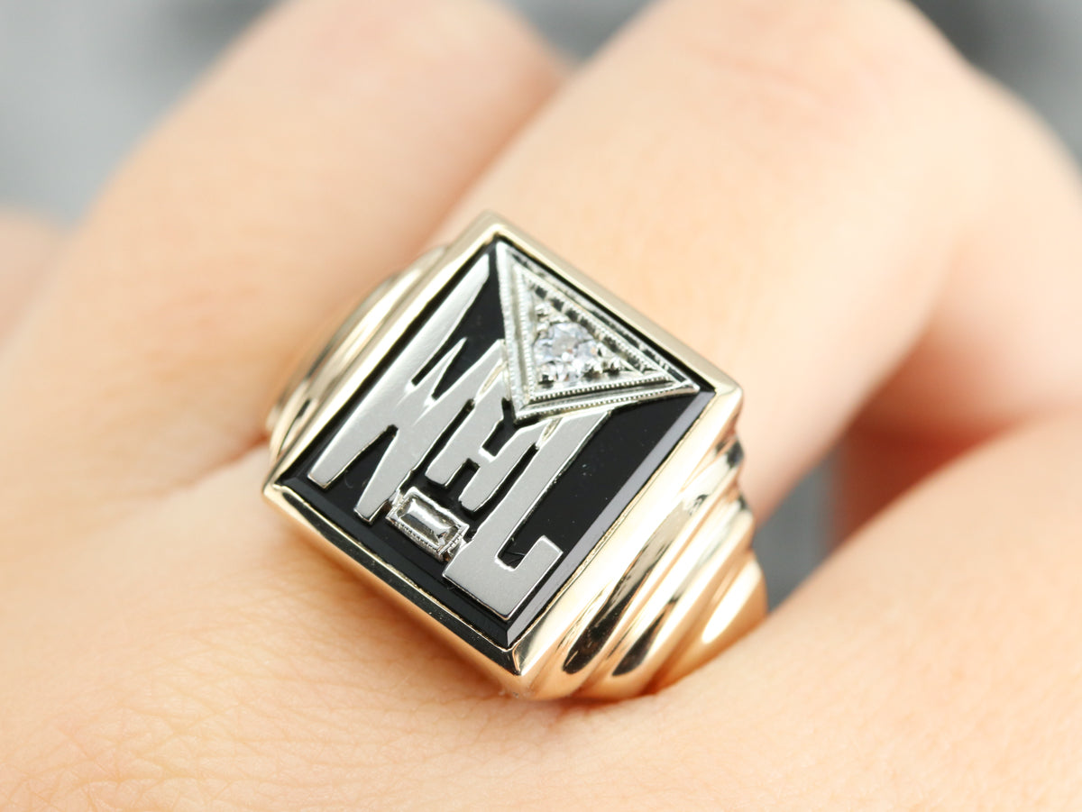 Anillo con sello vintage de ónix negro y diamantes