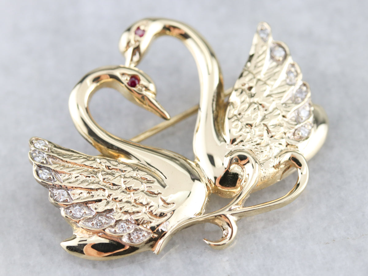 Diamond Love Swans Brooch