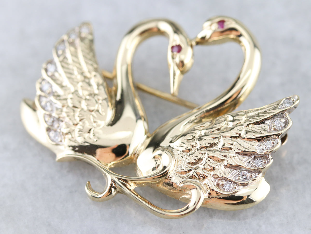 Diamond Love Swans Brooch