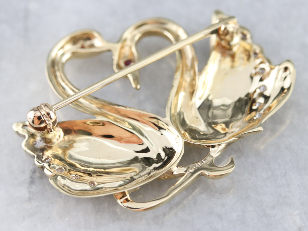 Diamond Love Swans Brooch