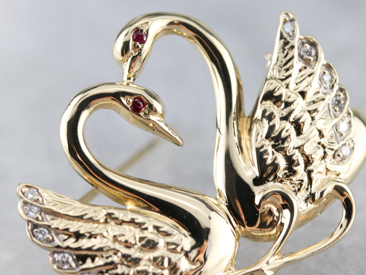 Diamond Love Swans Brooch