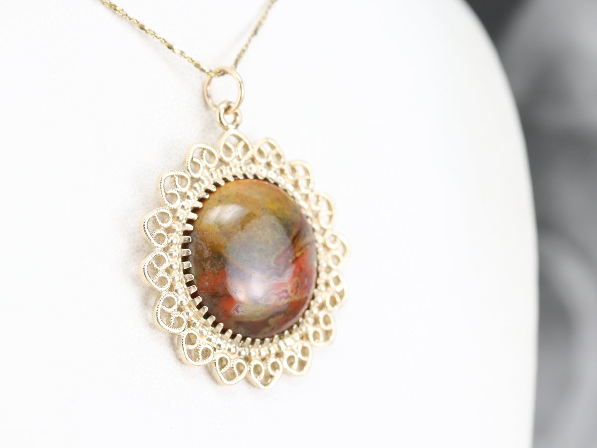 Yellow Gold Jasper Filigree Pendant