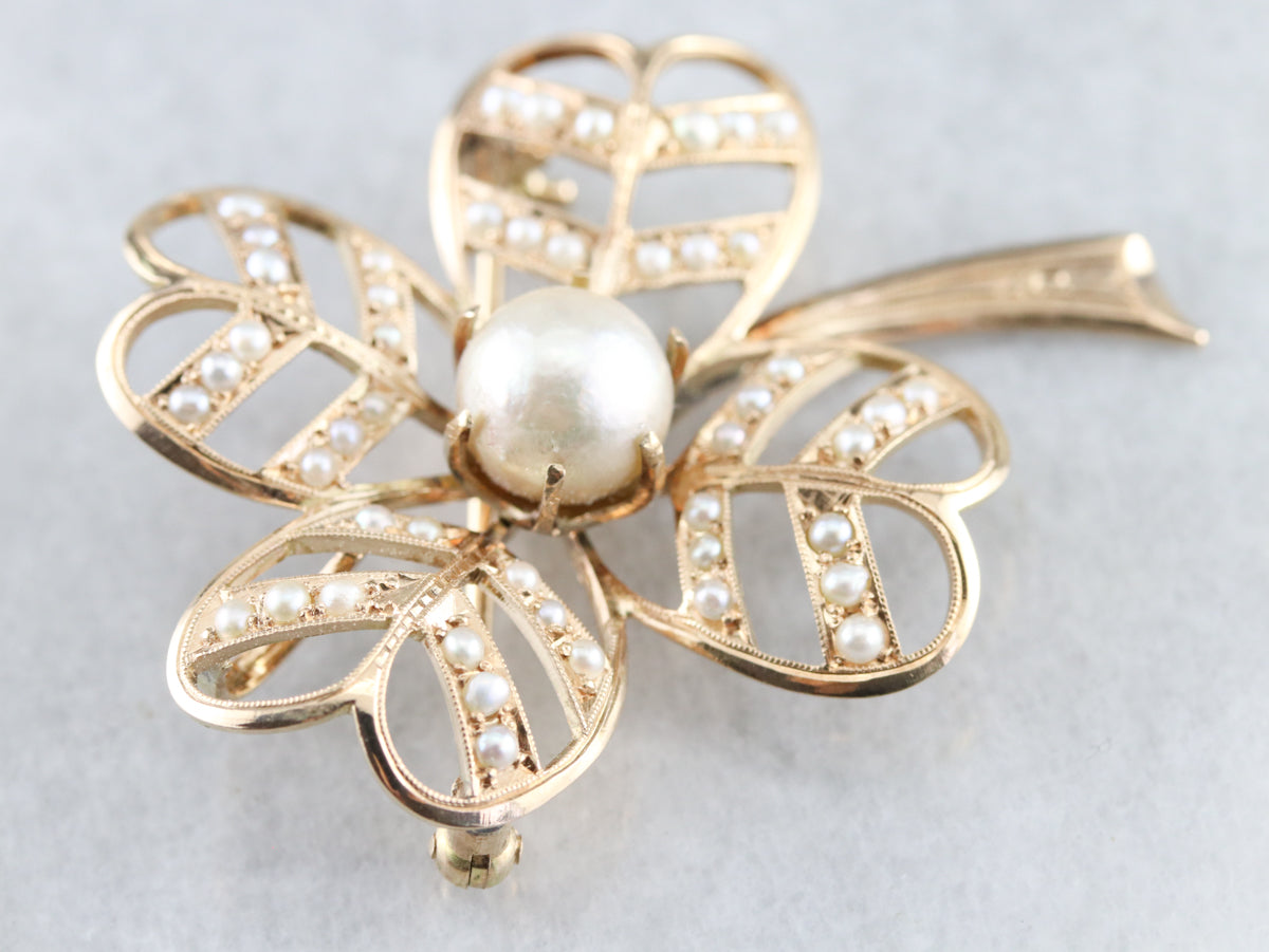 Antique Pearl Four Leaf Clover Brooch or Pendant