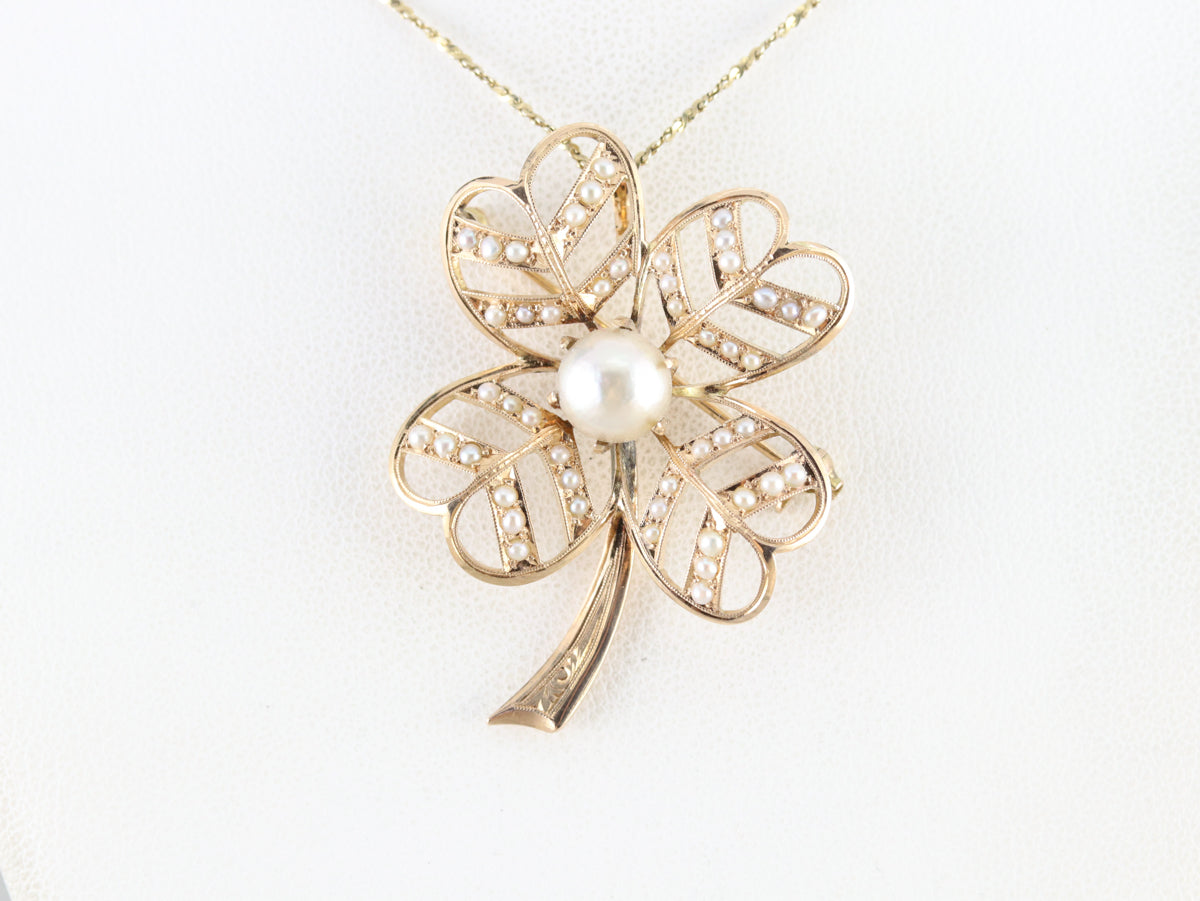 Antique Pearl Four Leaf Clover Brooch or Pendant