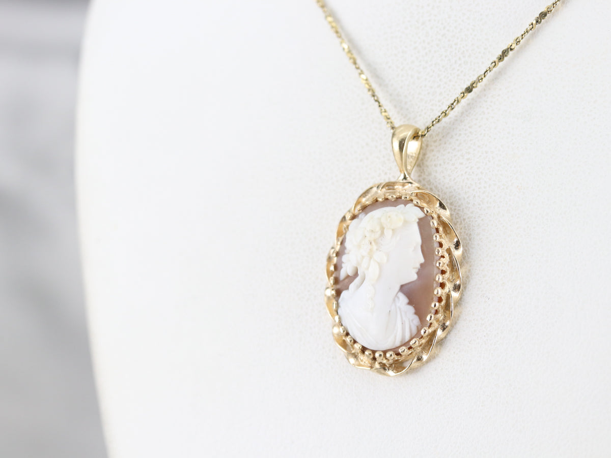 Floral Cameo Twisted Gold Frame Pendant