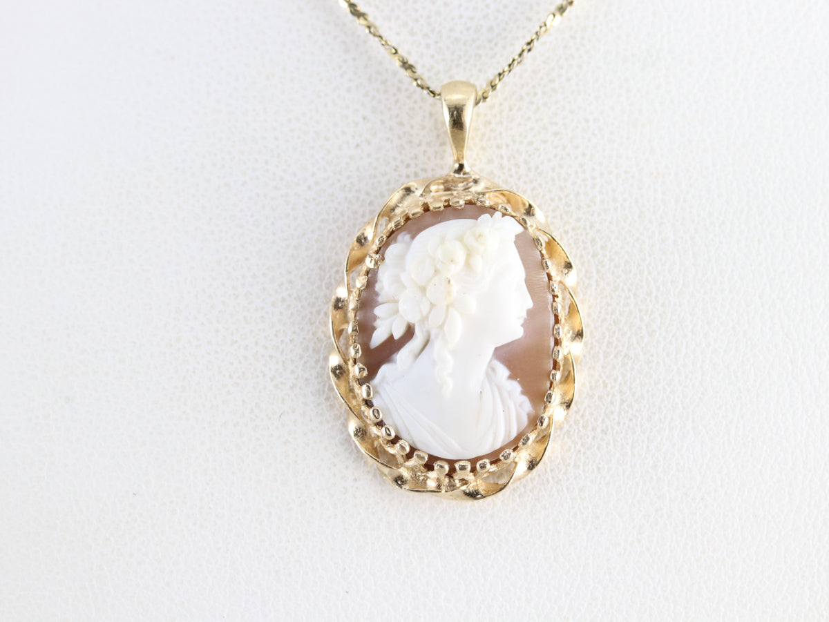 Floral Cameo Twisted Gold Frame Pendant