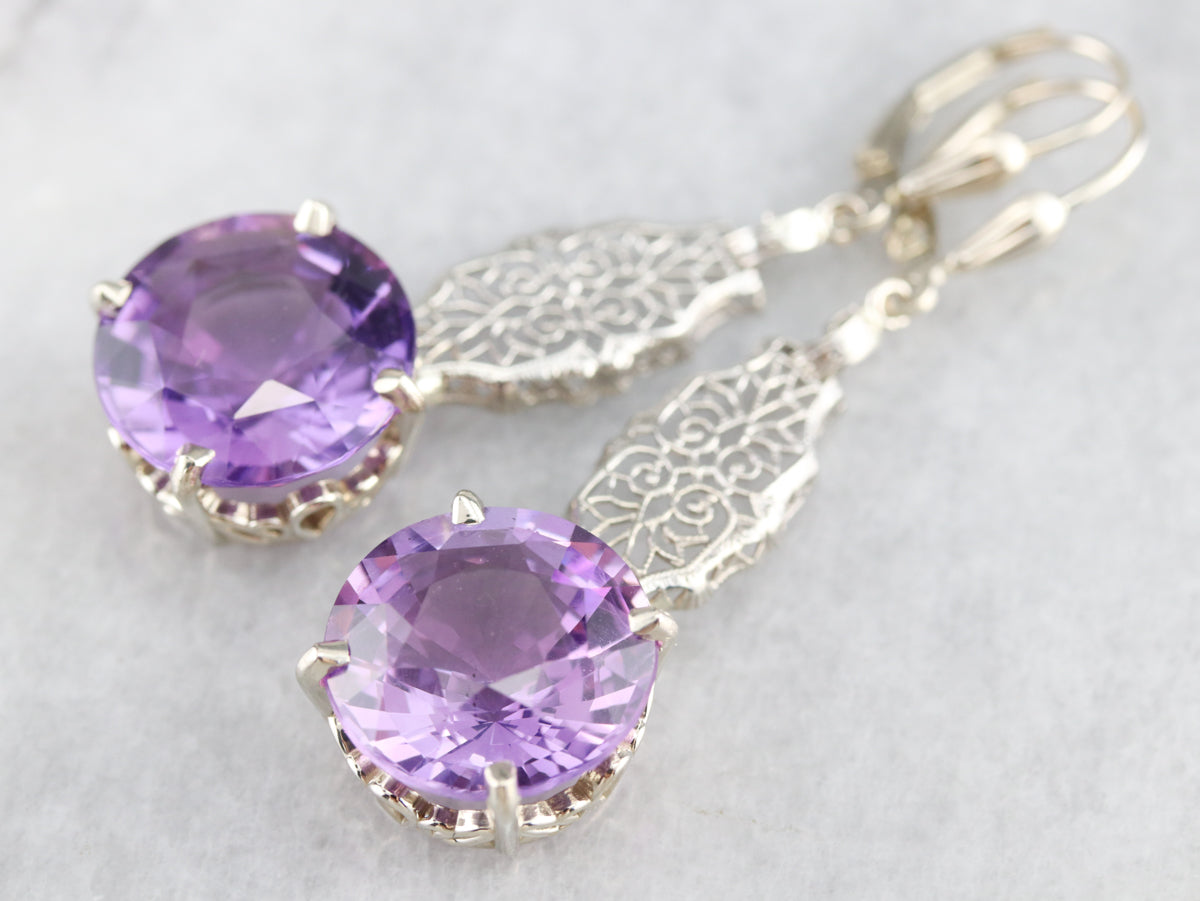Amethyst Filigree Drop Earrings in Lacey White Gold