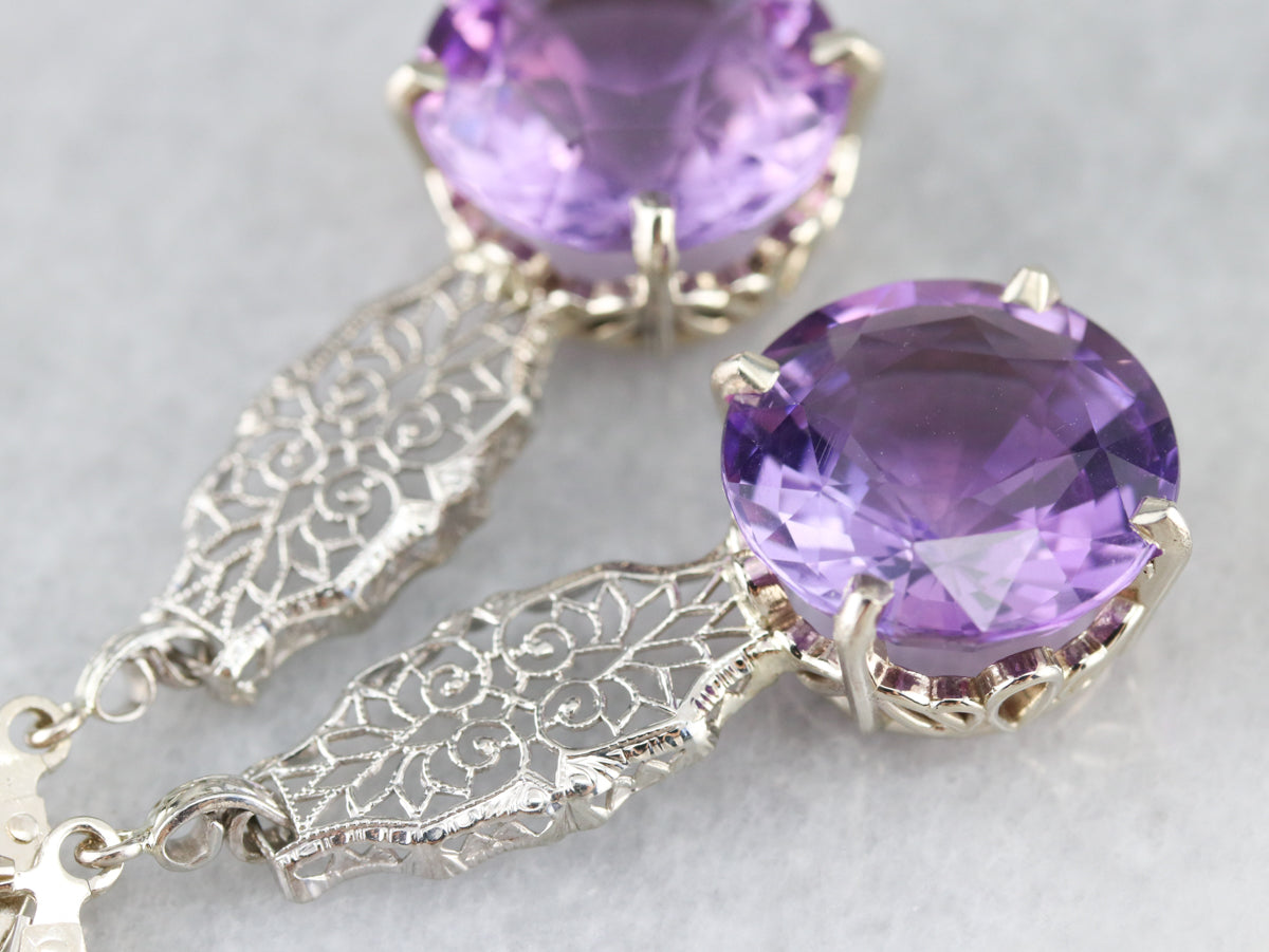 Amethyst Filigree Drop Earrings in Lacey White Gold