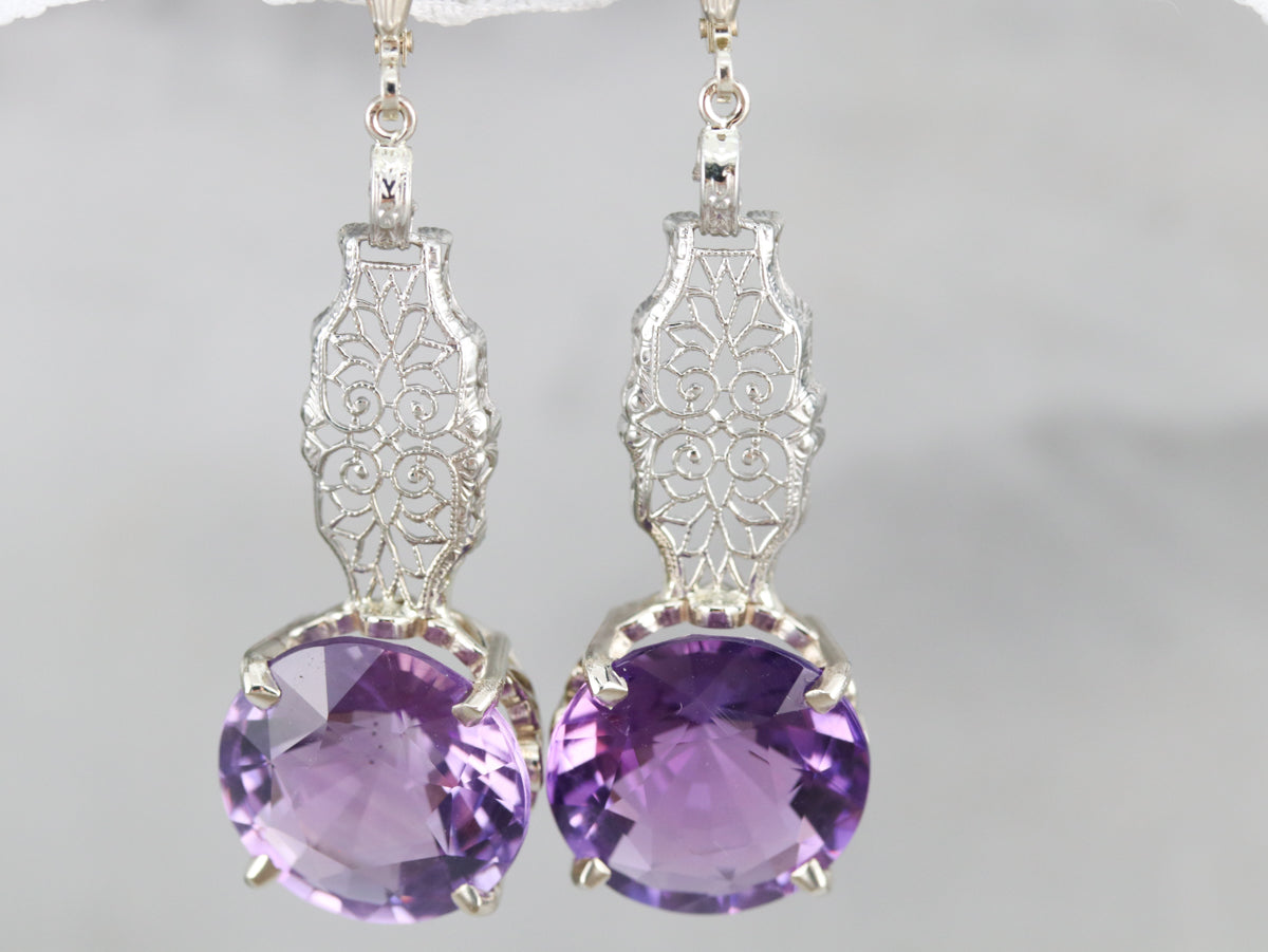 Amethyst Filigree Drop Earrings in Lacey White Gold