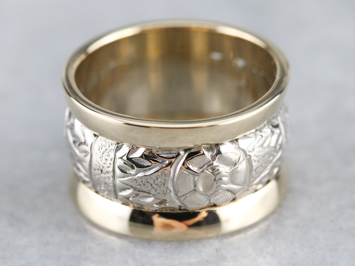 Patterned Two Tone Gold Wide Band