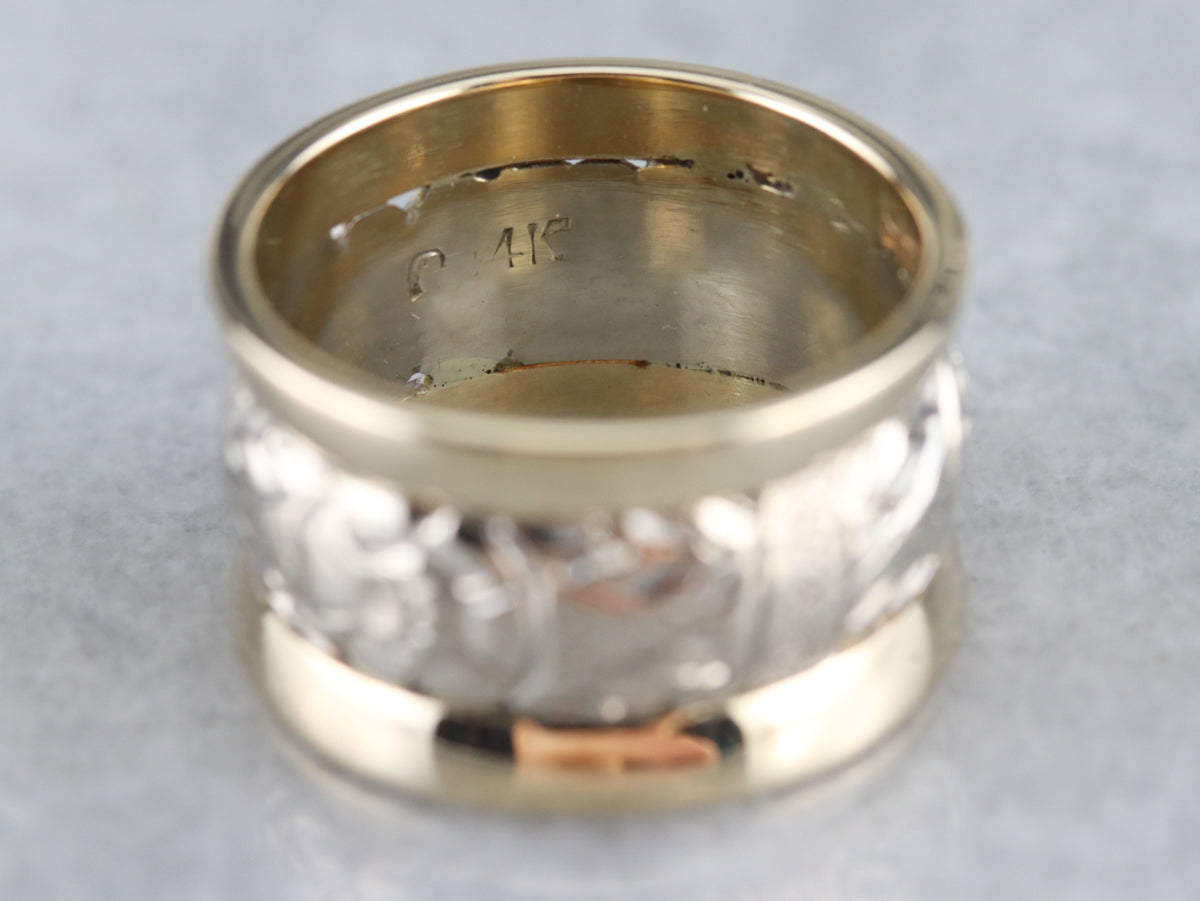 Patterned Two Tone Gold Wide Band