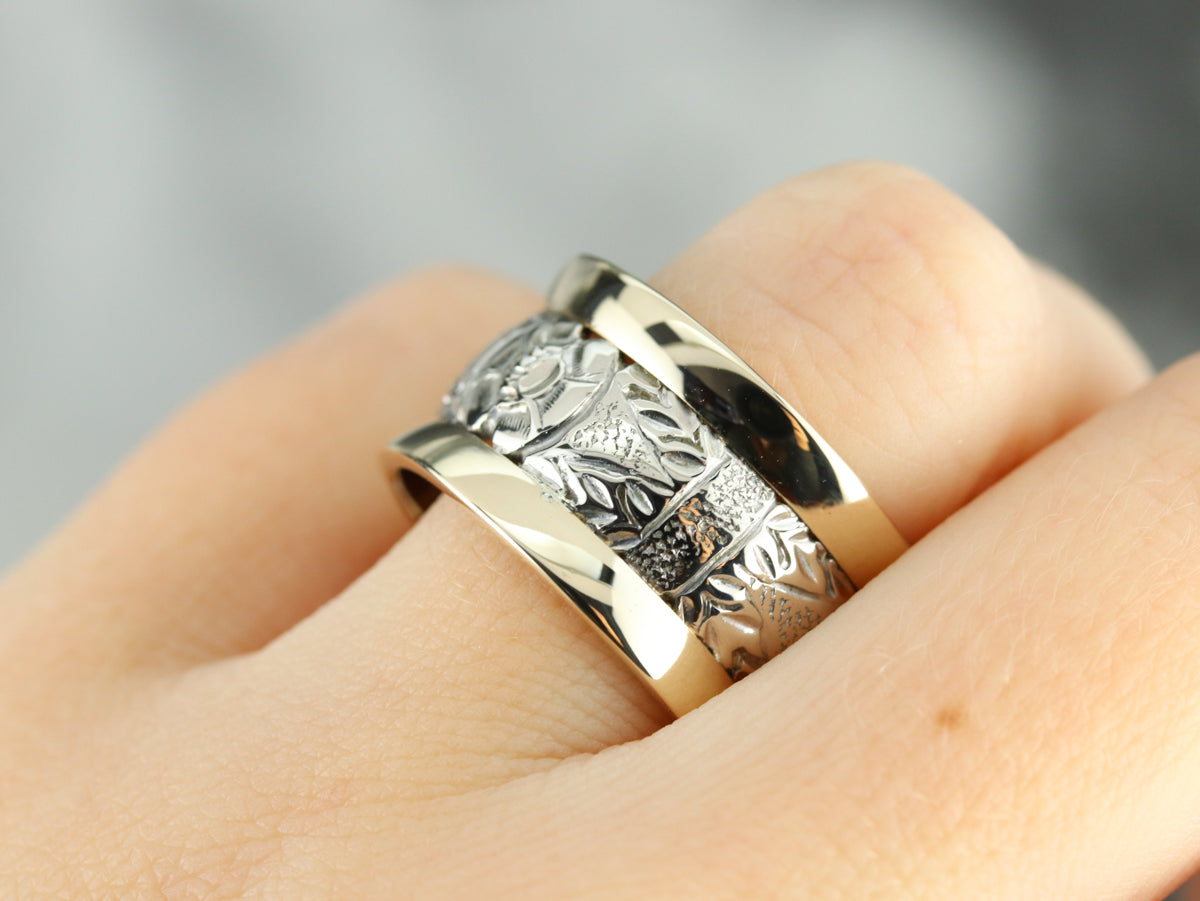 Patterned Two Tone Gold Wide Band