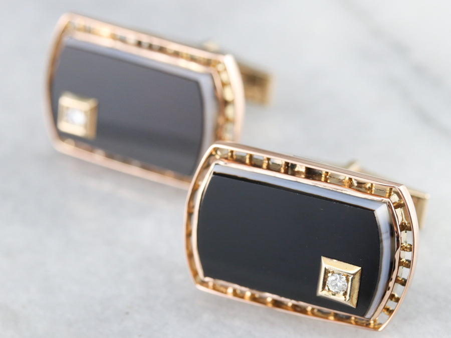 Vintage Banded Agate and Diamond Cufflinks