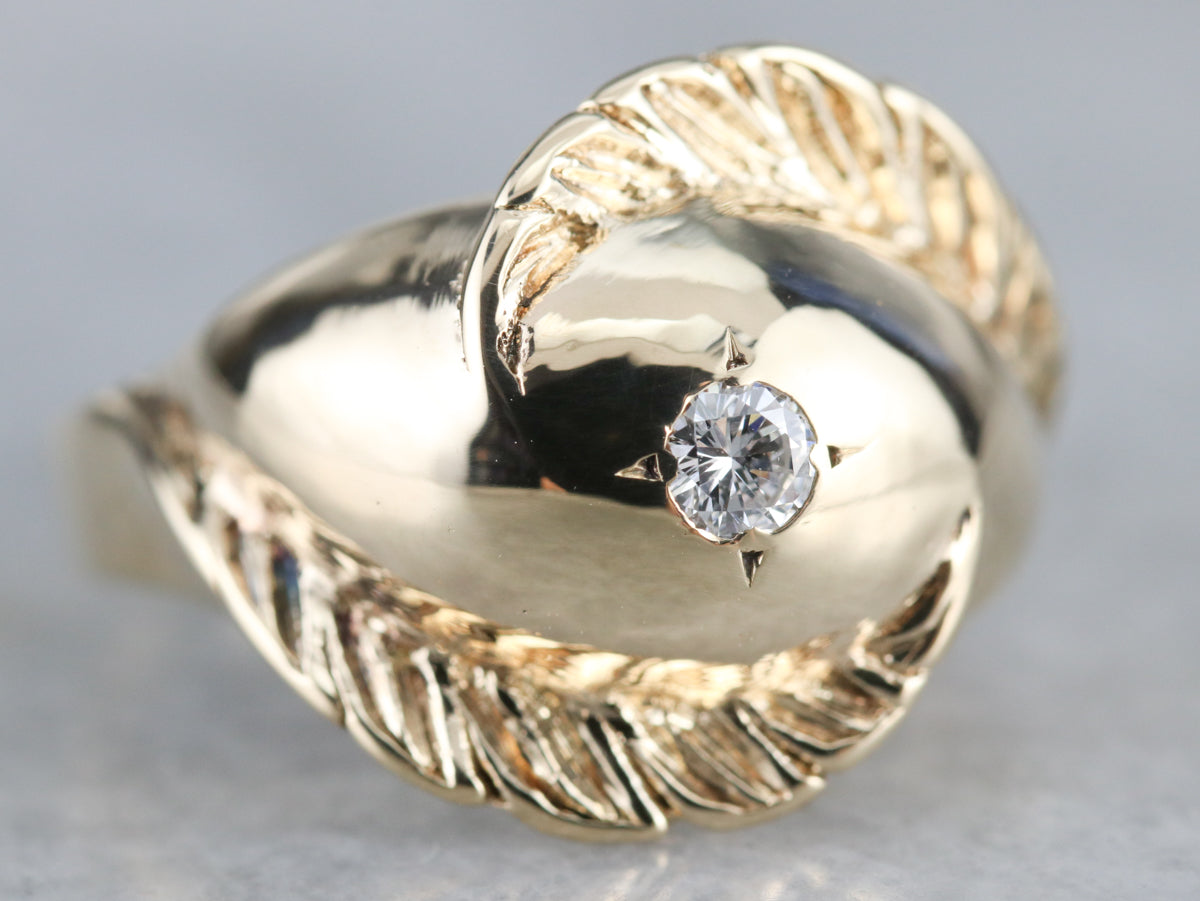 Diamond Solitaire Gold Feather Ring