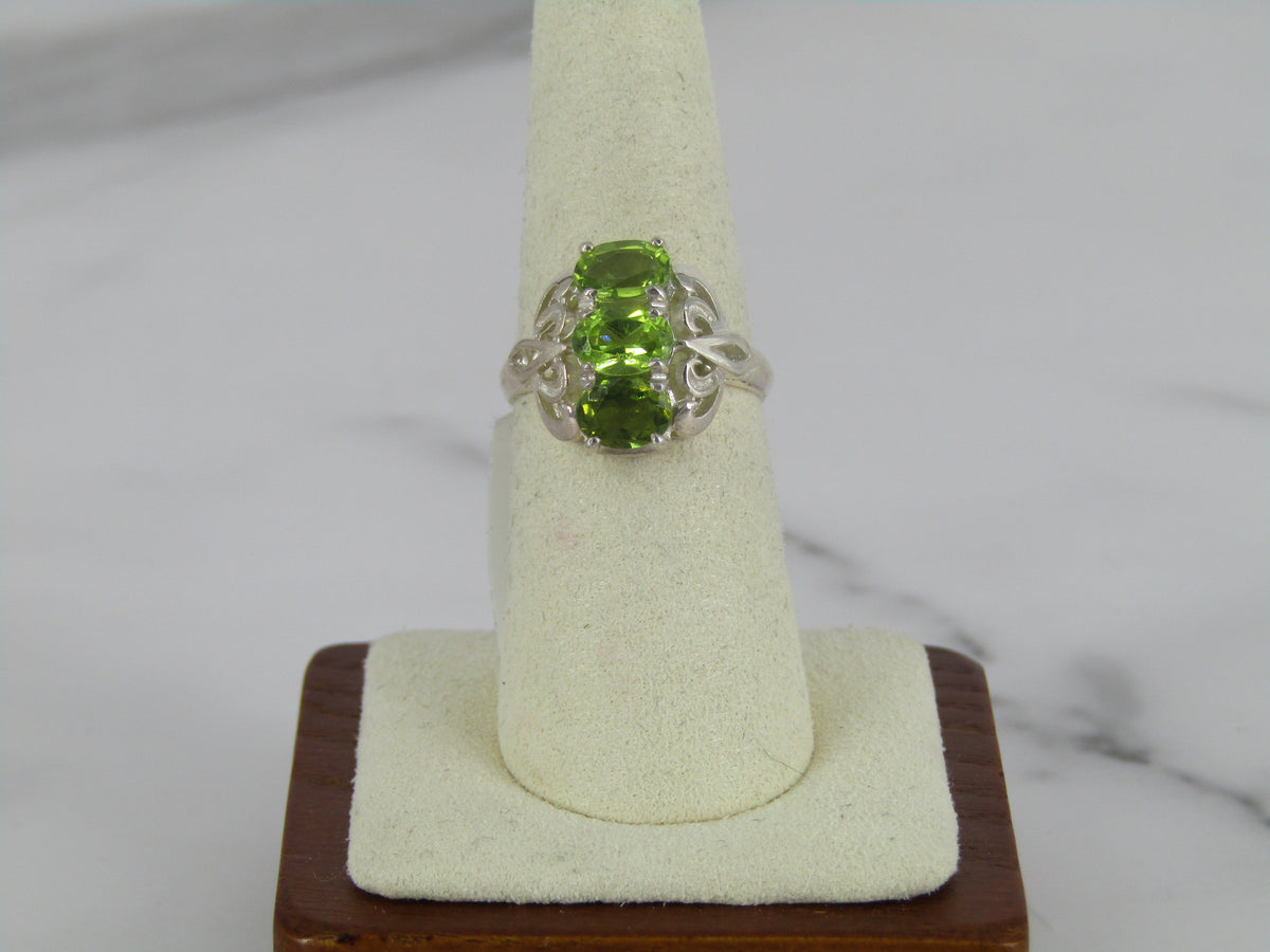 Scrolling Three Stone Silver Peridot Ring