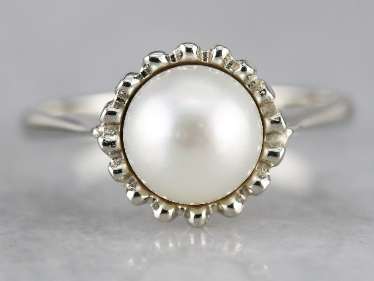 White Pearl Solitaire Ring in White Gold