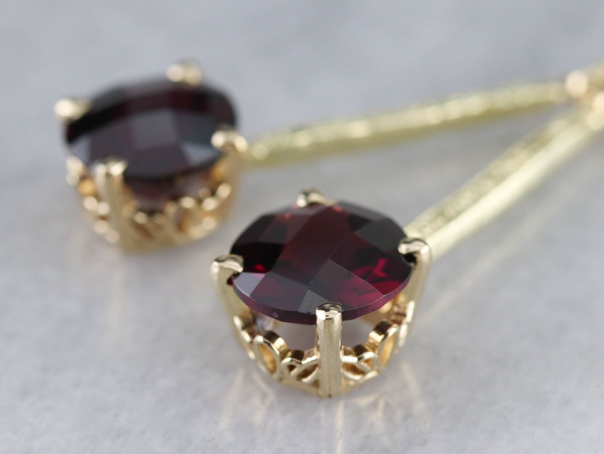 Engraved Long Garnet Drop Earrings