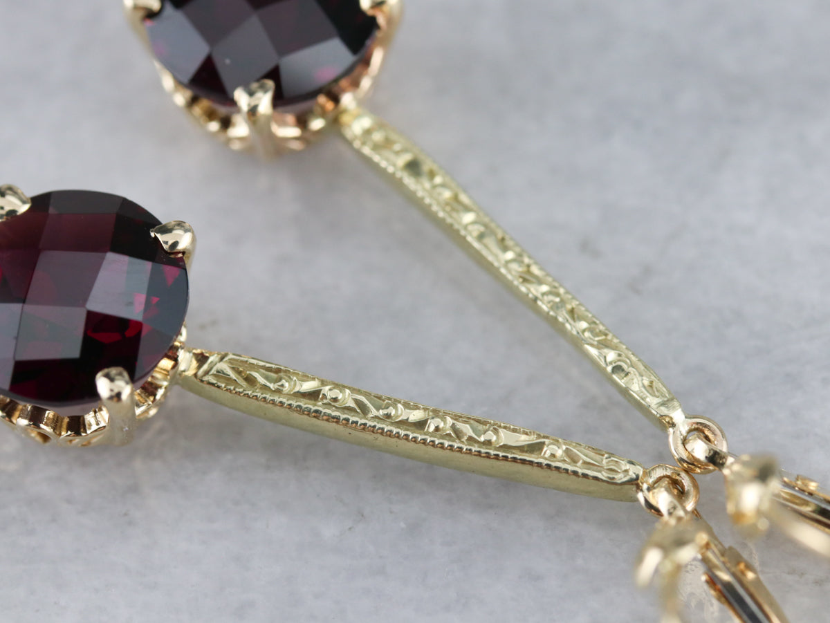 Engraved Long Garnet Drop Earrings