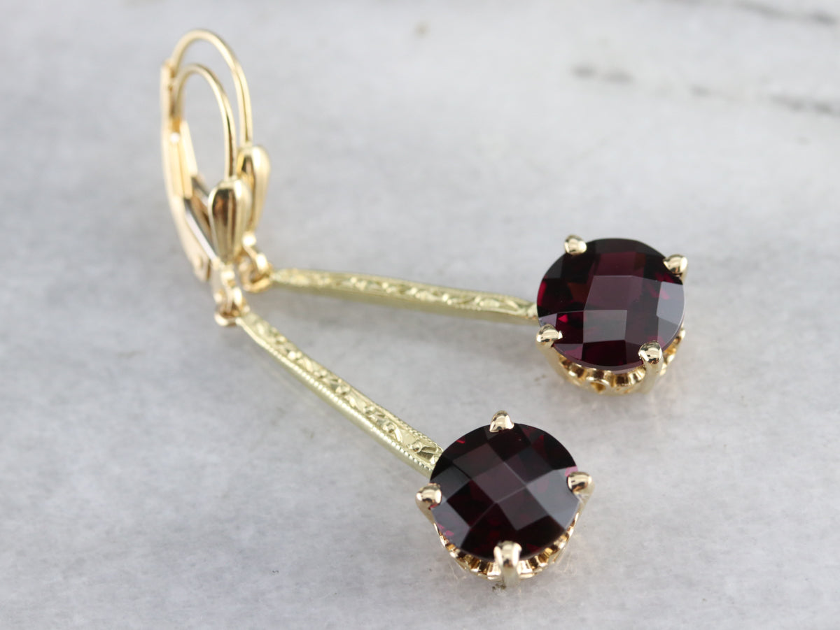 Engraved Long Garnet Drop Earrings