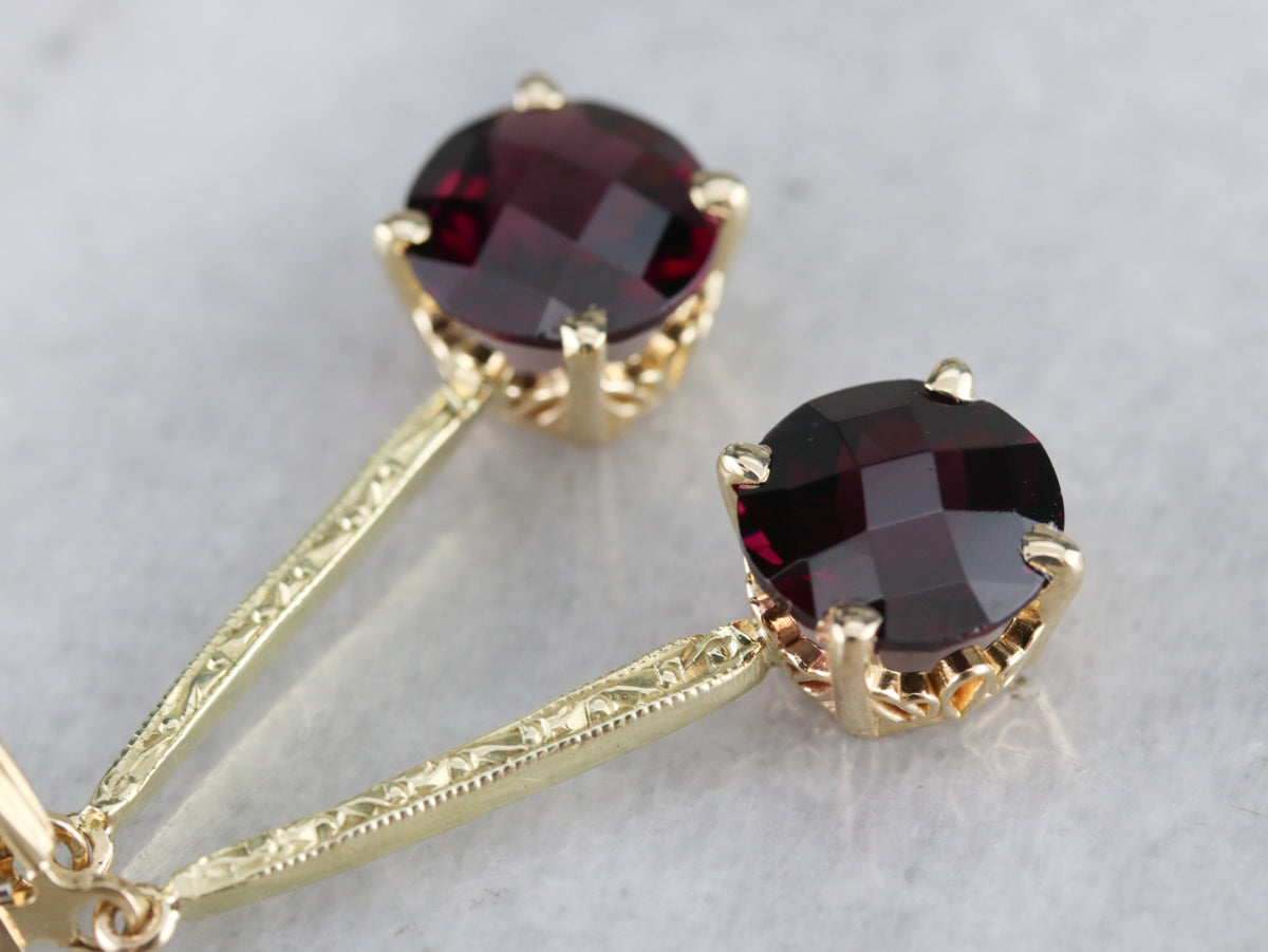 Engraved Long Garnet Drop Earrings